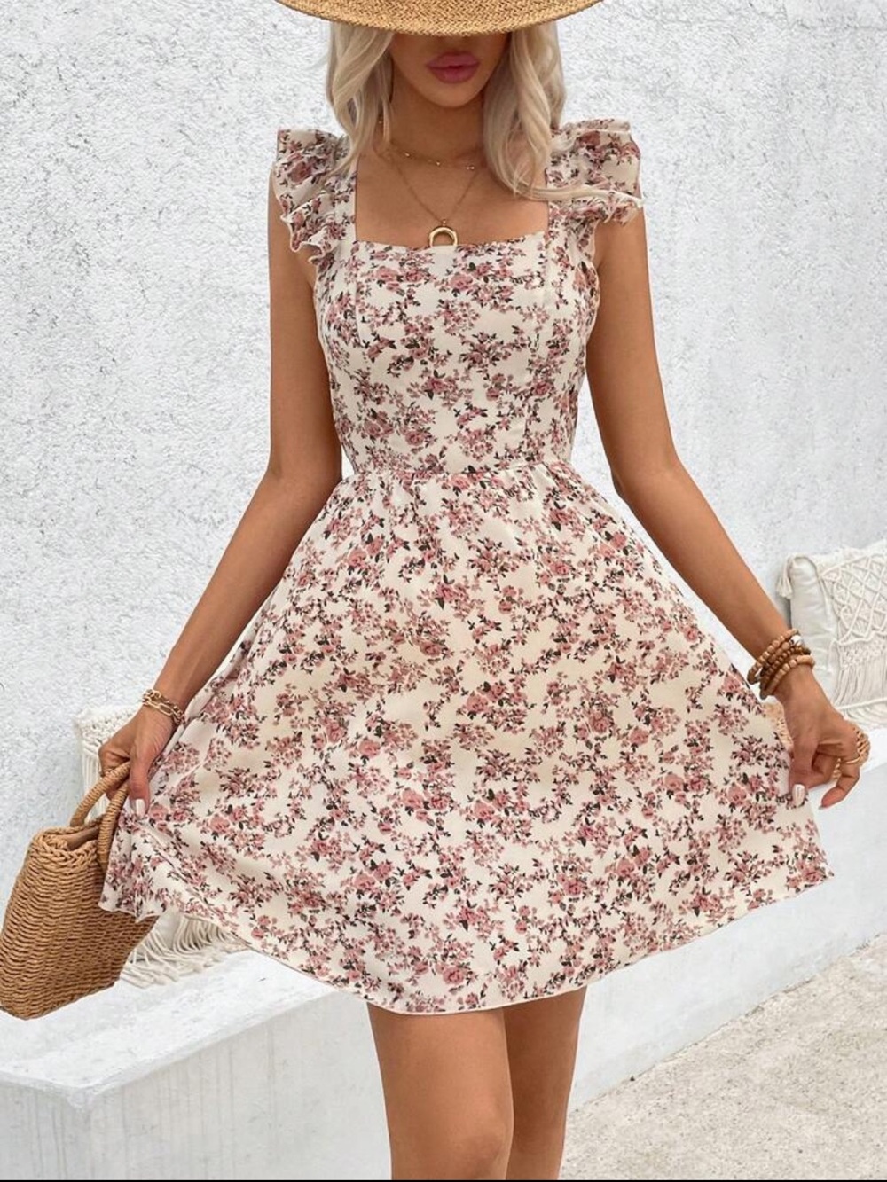NWOT Floral Square-Neck Mini Sundress in Cream and Pink
